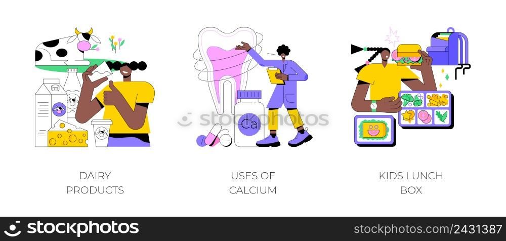 Healthy nutrition abstract concept vector illustration set. Dairy products, uses of calcium, kids lunch box, healthy snack, food processing, strong bones and teeth, parent care abstract metaphor.. Healthy nutrition abstract concept vector illustrations.