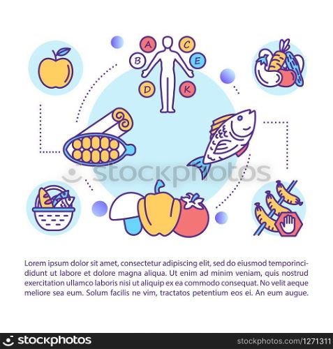 Healthy nutrition concept icon with text. Balanced diet. Eating habits. Vegetarianism. PPT page vector template. Brochure, magazine, booklet design element with linear illustrations