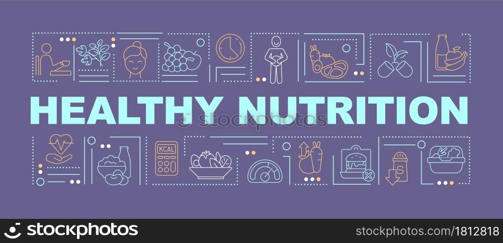 Healthy nutrition purple word concepts banner. Balanced diet. Infographics with linear icons on purple background. Isolated creative typography. Vector outline color illustration with text. Healthy nutrition purple word concepts banner