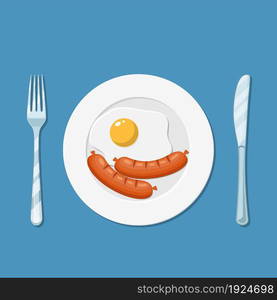 Healthy nutritious breakfast. Plate, knife and fork with fried egg icon. vector illustration in flat style. Plate with fried egg icon