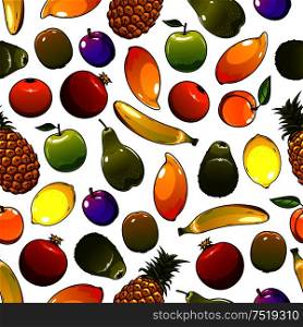 Healthy orange, apple, lemon, banana, plum, mango, pineapple, peach, kiwi and avocado fruits seamless pattern background. Tropical cocktail recipe vegetarian dessert design. Healthy ripe fruits seamless pattern background