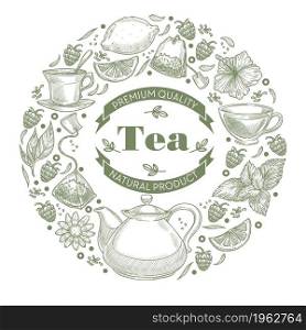 Healthy organic beverage with vitamins and antioxidants. Tea hot beverage with slices of citrus, raspberries and mint leaves. Refreshing warm drink, monochrome sketch outline. Vector in flat style. Organic tea and herbal hot beverages for health