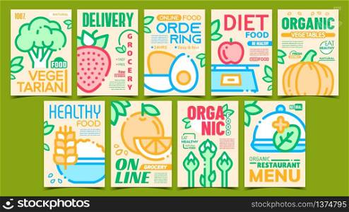 Healthy Organic Food Advertise Posters Set Vector. Collection Of Promo Banners With Asparagus And Pumpkin, Orange And Strawberry, Porridge And Eggs. Concept Template Stylish Colorful Illustrations. Healthy Organic Food Advertise Posters Set Vector
