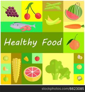 Healthy organic food set that includes tasty fruits, fresh vegetables and fish with delicious red meat vector illustrations set.. Healthy Organic Food Cartoon Illustrations Set