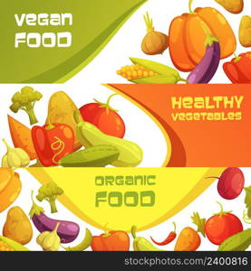 Healthy organic vegan food advertisement horizontal banners set with ripe farmers market vegetables isolated cartoon vector illustration . Fresh Organic Vegetables Horizontal Banners Set