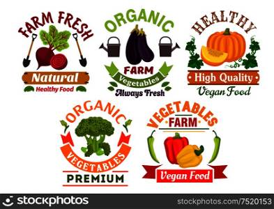 Healthy organic vegetables badges set of fresh farm bell pepper, broccoli, eggplant, pumpkin and beet vegetables with leaves, ribbon banners, shovels, watering can. Fresh farm organic vegetables badges set