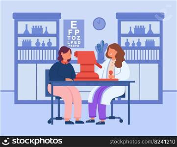 Healthy patient at medical checkup in ophthalmologist office. Eye doctor or oculist checking eyesight after laser surgery flat vector illustration. Medicine, ophthalmology concept for website design