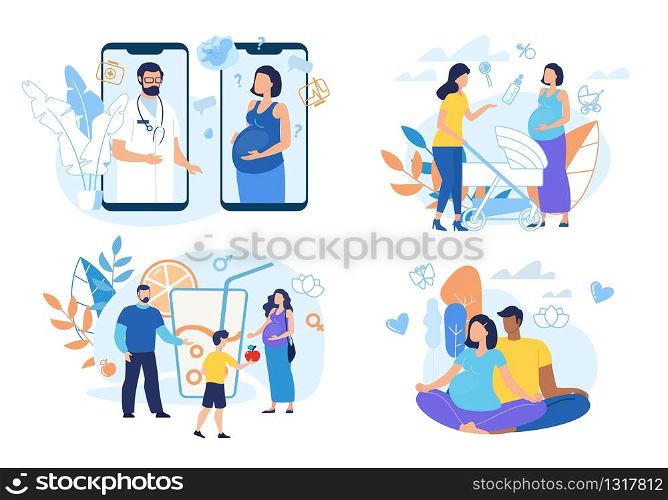 Healthy Pregnancy Conditions Isolated, Trendy Flat Vector Concepts Set. Pregnant Woman Chatting with Friend, Taking Doctor Consultation Online, Doing Yoga Exercises, Stick to Healthy Diet Illustration