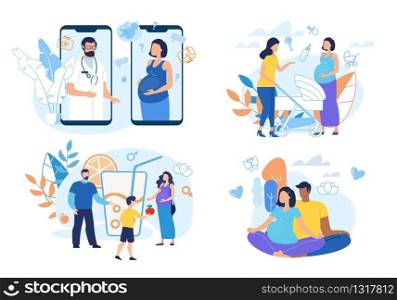 Healthy Pregnancy Conditions Isolated, Trendy Flat Vector Concepts Set. Pregnant Woman Chatting with Friend, Taking Doctor Consultation Online, Doing Yoga Exercises, Stick to Healthy Diet Illustration