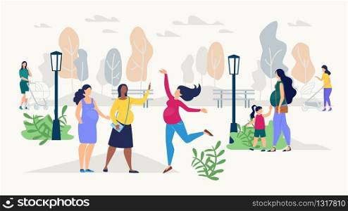 Healthy Pregnancy, Pregnant Woman Active Lifestyle, Childbirth Waiting Flat Vector Concept with Positive and Happy Pregnant Women Walking Outdoors in City Park, Chatting with Friends Illustration