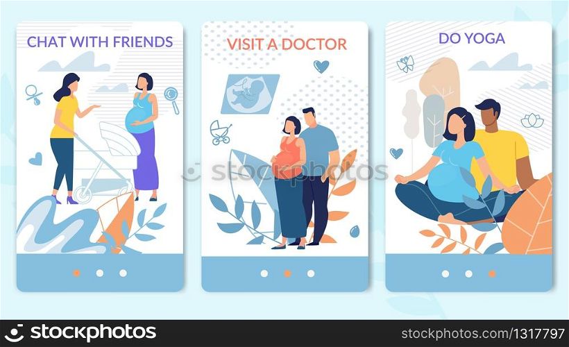 Healthy Pregnancy Recommendations, Maternity Courses Trendy Flat Vector Vertical Web Banners, Landing Pages Set. Pregnant Woman Talk with Friend, Visit Doctor, Doing Yoga with Husband Illustration