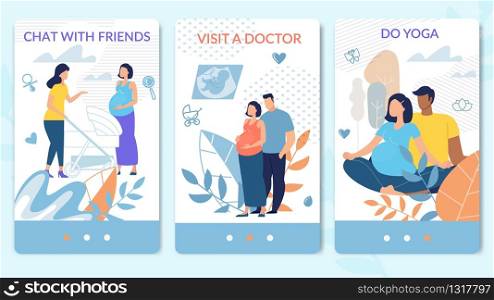 Healthy Pregnancy Recommendations, Maternity Courses Trendy Flat Vector Vertical Web Banners, Landing Pages Set. Pregnant Woman Talk with Friend, Visit Doctor, Doing Yoga with Husband Illustration