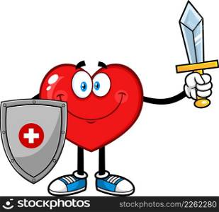 Healthy Red Heart Cartoon Character Holding Up A Sword And Shield. Vector Hand Drawn Illustration Isolated On White Background