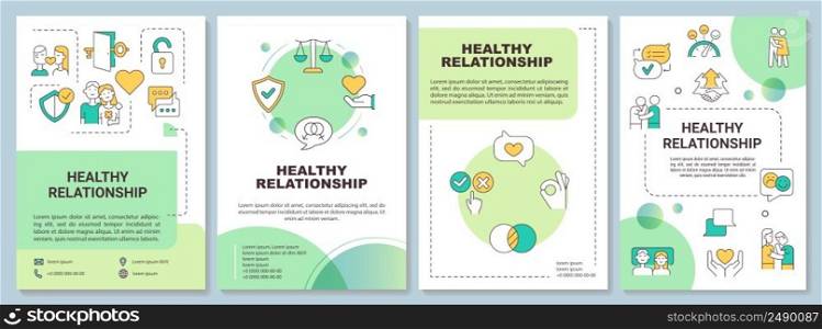Healthy relationship characteristics green brochure template. Leaflet design with linear icons. 4 vector layouts for presentation, annual reports. Arial-Bold, Myriad Pro-Regular fonts used. Healthy relationship characteristics green brochure template
