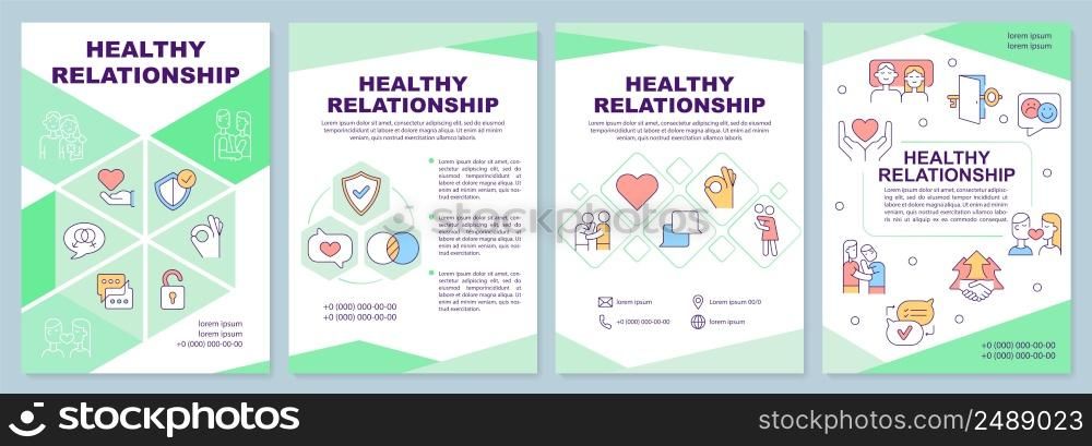Healthy relationship green brochure template. Communicate with partner. Leaflet design with linear icons. 4 vector layouts for presentation, annual reports. Arial-Black, Myriad Pro-Regular fonts used. Healthy relationship green brochure template