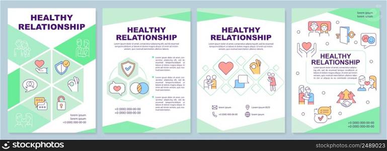 Healthy relationship green brochure template. Communicate with partner. Leaflet design with linear icons. 4 vector layouts for presentation, annual reports. Arial-Black, Myriad Pro-Regular fonts used. Healthy relationship green brochure template