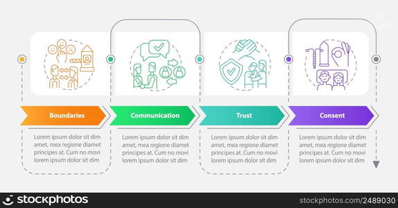 Healthy relationships characteristics rectangle infographic template. Data visualization with 4 steps. Process timeline info chart. Workflow layout with line icons. Myriad Pro-Bold, Regular fonts used. Healthy relationships characteristics rectangle infographic template