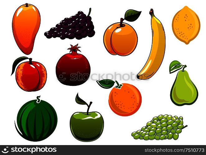 Healthy ripe apple orange banana grapes mango peach watermelon, apricot, pear, pomegranate, and lemon fruits. Isolated on white, for agriculture harvest or food design. Isolated healthy organic sweet fruits set