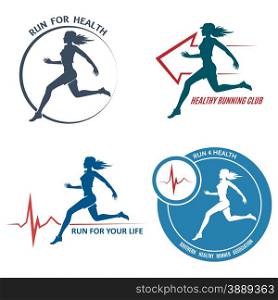 Healthy Run Emblem and Logo Set. Running young woman. Healthy heartbeat sign. Sport and activity. Only free font used. Isolated on white background.