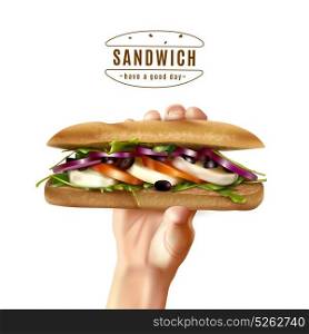 Healthy Sandwich In Hand Realistic Image. Hand holding healthy multi grain sandwich with mozzarella lettuce tomato onion realistic advertisement white background poster vector illustration