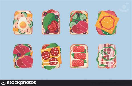Healthy sandwiches. Natural snacks with various food vegetables cheese tomato salad piece of breads garish vector flat pictures collection. Illustration of sandwich food, healthy snack with cheese. Healthy sandwiches. Natural snacks with various food vegetables cheese tomato salad piece of breads garish vector flat pictures collection
