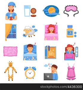 Healthy Sleep Flat Icons Set. Healthy sleep habits symbols flat icons set with bedroom relaxation medicine and accessories abstract isolated vector illustration