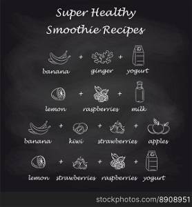 Healthy smoothie recipes in pictures. Healthy smoothie recipes in pictures. Hand drawn smoothie vector recipes on black background