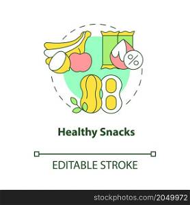 Healthy snacks concept icon. Fresh fruits and nuts. Balanced nutrition abstract idea thin line illustration. Isolated outline drawing. Editable stroke. Roboto-Medium, Myriad Pro-Bold fonts used. Healthy snacks concept icon