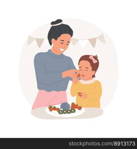 Healthy snacks isolated cartoon vector illustration. Young mom feeding her kid with snacks, child eating fruit and vegetables, family healthy lifestyle, food habits vector cartoon.. Healthy snacks isolated cartoon vector illustration.