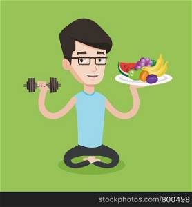 Healthy sportsman with fruits and dumbbell. Caucasian sportsman holding fruits and dumbbell. Man choosing healthy lifestyle. Healthy lifestyle concept. Vector flat design illustration. Square layout.. Healthy man with fruits and dumbbell.
