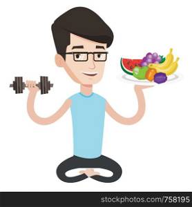 Healthy sportsman with fruits and dumbbell. Healthy caucasian man holding fruits and dumbbell. Healthy man choosing healthy lifestyle. Vector flat design illustration isolated on white background.. Healthy man with fruits and dumbbell.