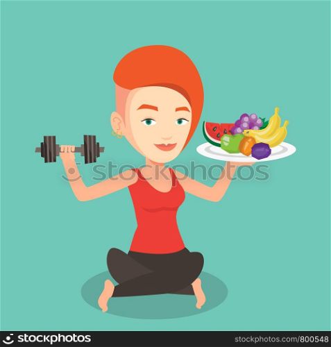 Healthy sportswoman with fruits and dumbbell. Caucasian woman holding fruits and dumbbell. Woman choosing healthy lifestyle. Healthy lifestyle concept. Vector flat design illustration. Square layout.. Healthy woman with fruits and dumbbell.