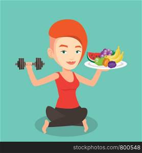 Healthy sportswoman with fruits and dumbbell. Caucasian woman holding fruits and dumbbell. Woman choosing healthy lifestyle. Healthy lifestyle concept. Vector flat design illustration. Square layout.. Healthy woman with fruits and dumbbell.