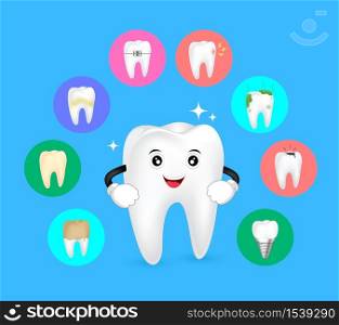 Healthy tooth with tooth problem set icons. Cute cartoon character, illustration isolated on blue background.