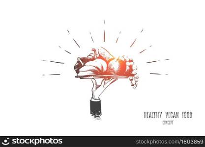 Healthy vegan food concept. Hand drawn plate with tasty and healthy meal. Fruits, vegetables and nuts isolated vector illustration.. Healthy vegan food concept. Hand drawn isolated vector.