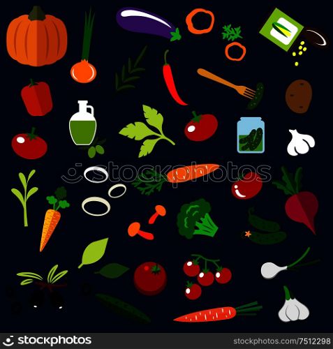 Healthy vegetables flat icons with fresh tomatoes, carrots, cucumbers, potato, peppers onions, mushrooms pumpkin, olive oil with fruits, garlics pickles sweet corn eggplant and beet. Natural ripe vegetables flat icons