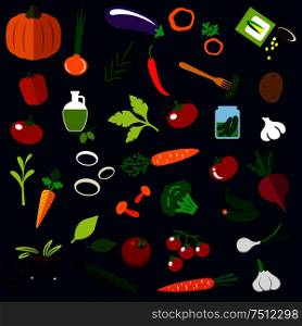 Healthy vegetables flat icons with fresh tomatoes, carrots, cucumbers, potato, peppers onions, mushrooms pumpkin, olive oil with fruits, garlics pickles sweet corn eggplant and beet. Natural ripe vegetables flat icons