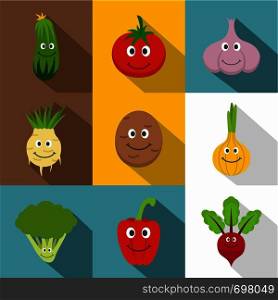 Healthy vegetables icons set. Flat set of 9 healthy vegetables vector icons for web with long shadow. Healthy vegetables icons set, flat style