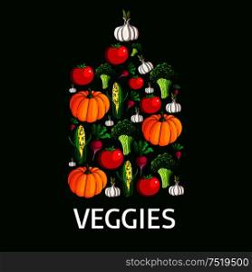 Healthy vegetables in a shape of cutting board with fresh tomato, broccoli, radish, corn, garlic and pumpkin vegetables. Healthy vegetarian food, organic farming, farm market design. Vegetables shape of a cutting board