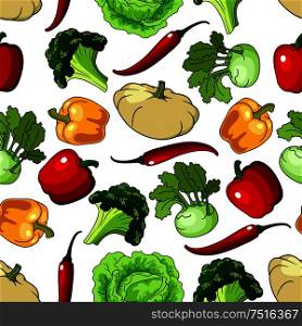 Healthy vegetables seamless pattern with broccoli and bell pepper, lettuce and chili pepper, kohl and pumpkin or squash. Farm healthy vegetables seamless pattern