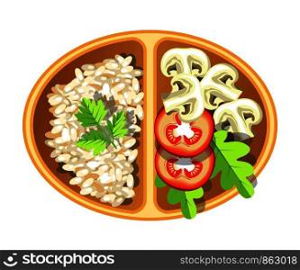 Healthy vegetarian delicious lunch in oval plastic container. Boiled rice with parsley, sliced mushroom, ripe tomato and arugula leaves on convenient tray isolated cartoon flat vector illustration.. Healthy vegetarian delicious lunch in oval plastic container