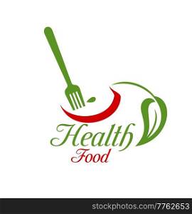 Healthy vegetarian food icon. Diet nutrition shop, vegetarian meals restaurant or organic fruits farm vector emblem with green leaf, apple and fork. Healthy eating, vegan food cafe graphic icon. Healthy vegetarian food restaurant vector icon