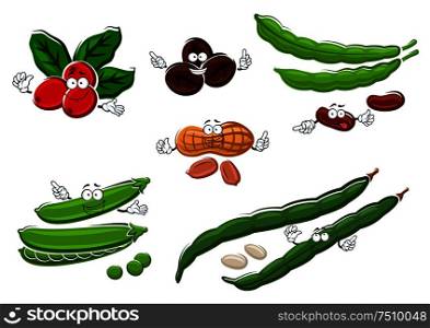 Healthy vegetarian fresh and roasted coffee beans, peanuts, green sweet pea pods and beans with green, white and brown grains cartoon characters. For agriculture design. Coffee, peanuts, green pea pods and beans