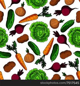 Healthy vegetarian pattern with seamless cartoon ornament of vivid green cabbages and cucumbers, juicy orange carrots and onions with fresh leaves, purple beetroots and potatoes vegetables on white background. Vegetarian seamless pattern with fresh vegetables