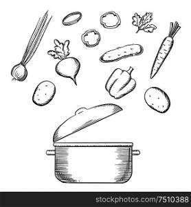 Healthy vegetarian salad cooking process with fresh carrot, potatoes, green onion, bell pepper, cucumber, beet vegetables and parsley over the cooking pot, for recipe or menu design. Sketch icons