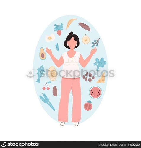 Healthy woman flat color vector faceless character. Vegetable and nutritious food. Fit female. Vegetarian lifestyle. Healthy diet isolated cartoon illustration for web graphic design and animation. Healthy woman flat color vector faceless character