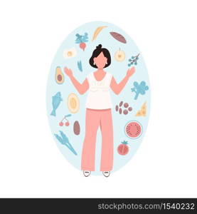 Healthy woman flat color vector faceless character. Vegetable and nutritious food. Fit female. Vegetarian lifestyle. Healthy diet isolated cartoon illustration for web graphic design and animation. Healthy woman flat color vector faceless character