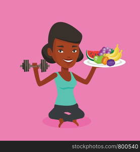 Healthy woman with fruits and dumbbell. An african woman holding fruits and dumbbell. Woman choosing healthy lifestyle. Healthy lifestyle concept. Vector flat design illustration. Square layout.. Healthy woman with fruits and dumbbell.