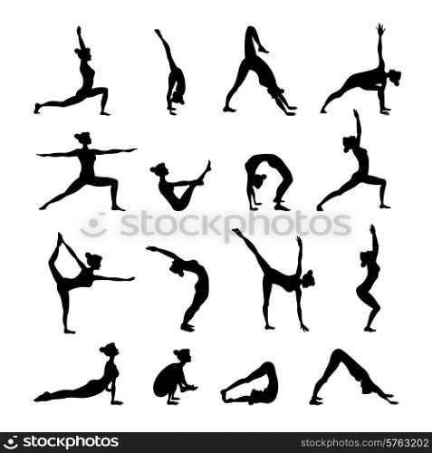 Healthy women in balance harmony poses in yoga icons set black isolated vector illustration