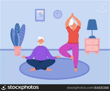 Healthy yoga exercises of elder couple. Happy senior man and woman stretching on mat, doing morning meditation together at home flat vector illustration. Active family lifestyle, sport concept. Healthy yoga exercises of elder couple